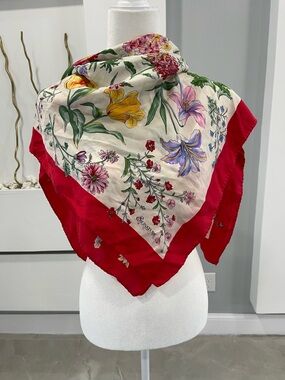 Signature Floral Silk Square Scarf - Red & Cream